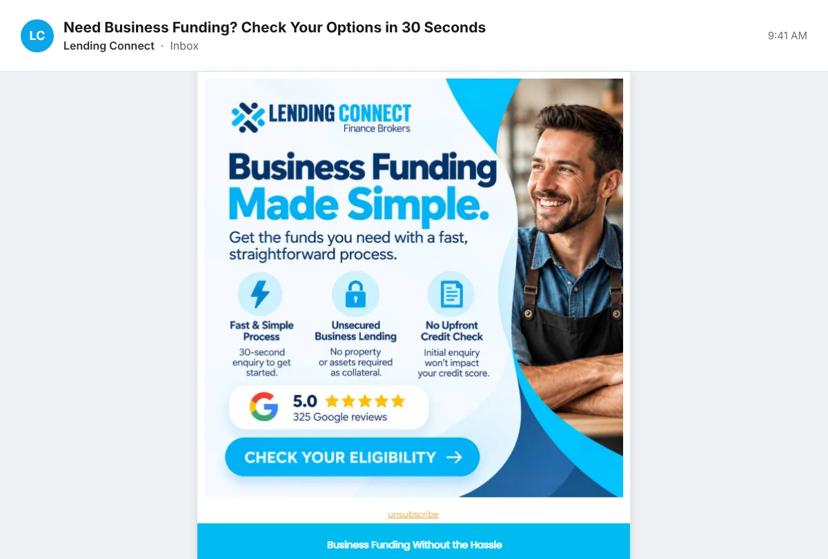 Lending Connect business funding email shown in an inbox on a tablet