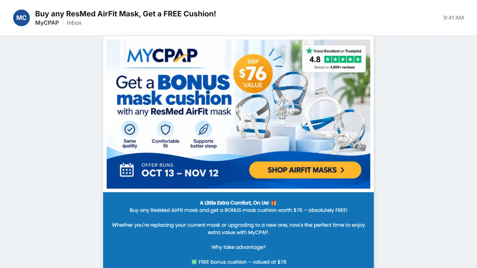 MyCPAP promotional email offering a bonus mask cushion, shown in an inbox on a laptop