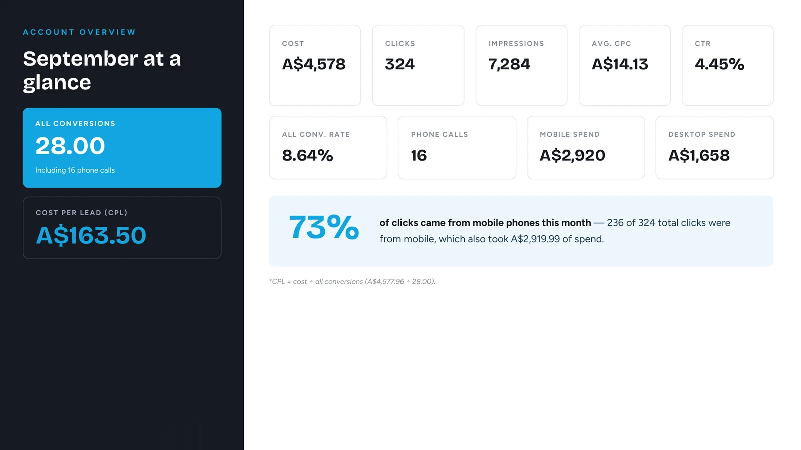 Google Ads report page showing cost, clicks, conversions and cost per lead for the month