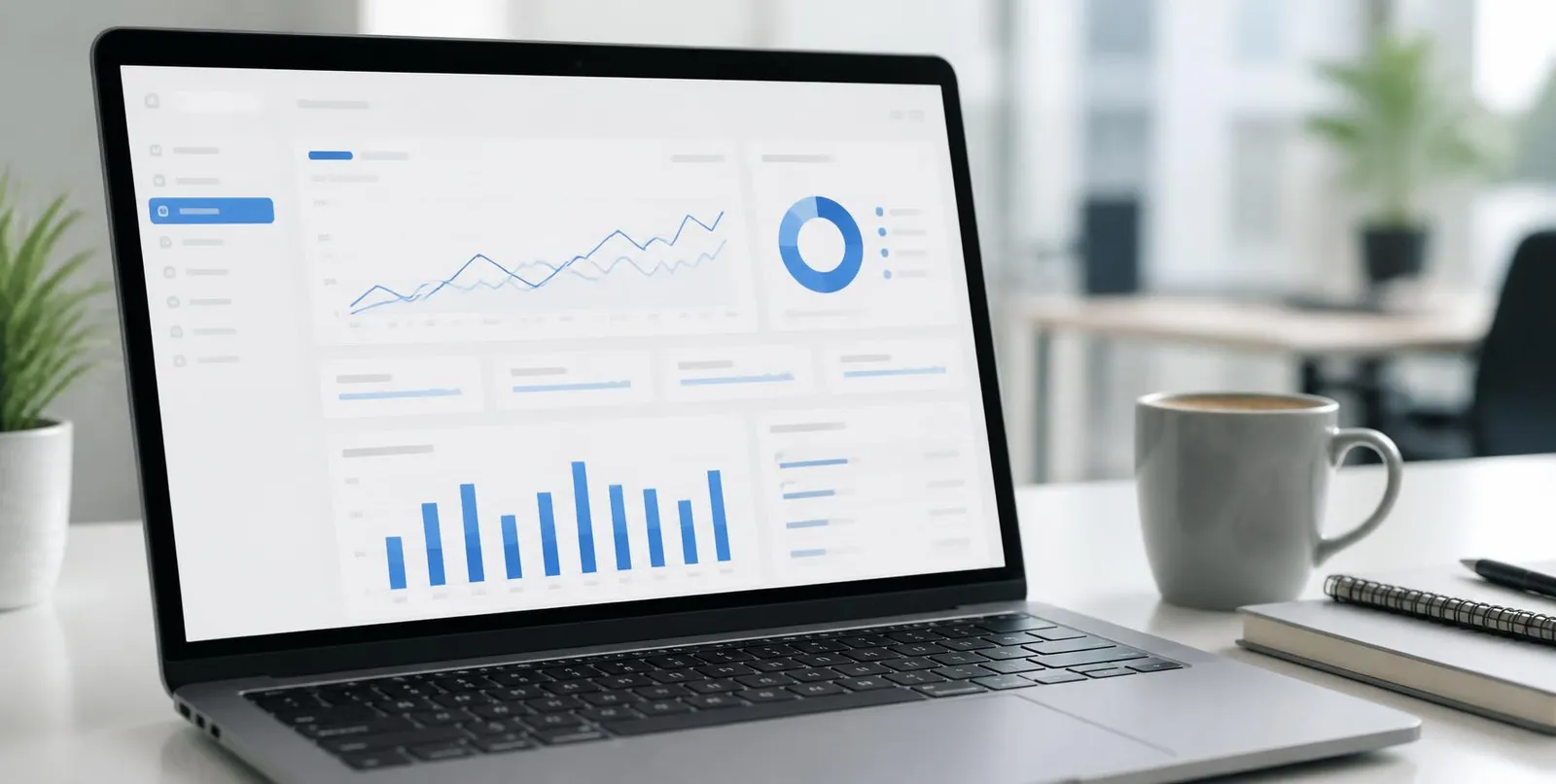 Laptop showing a Google Ads performance dashboard on a desk