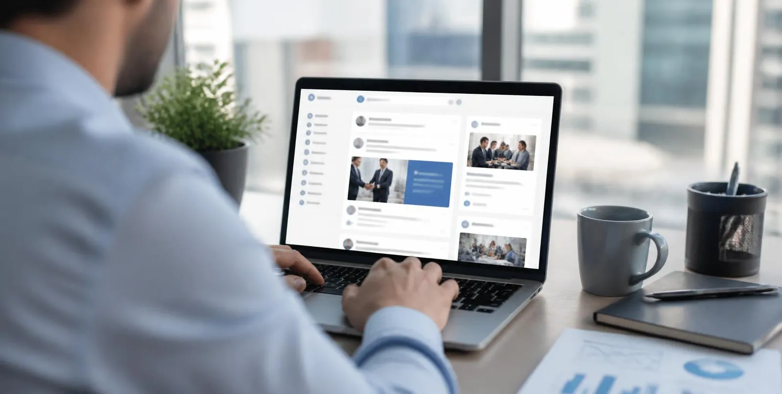 Business professional reviewing LinkedIn ads on a laptop