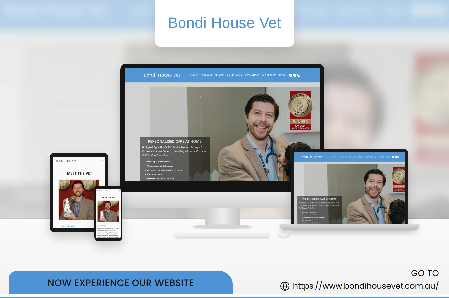 Bondi House Vet website shown on desktop, laptop, tablet and phone