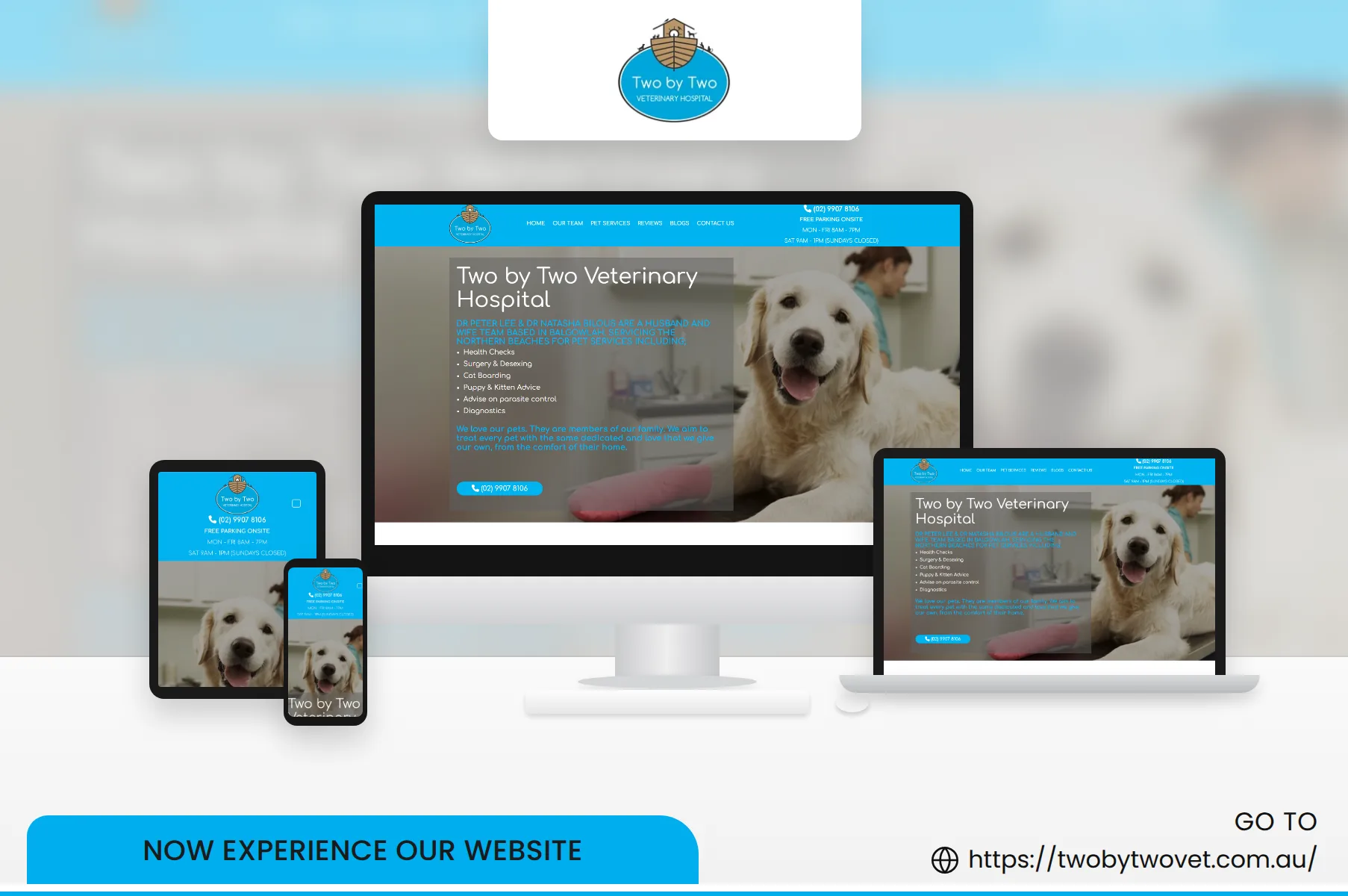 Two by Two Veterinary Hospital website shown on desktop, laptop, tablet and phone