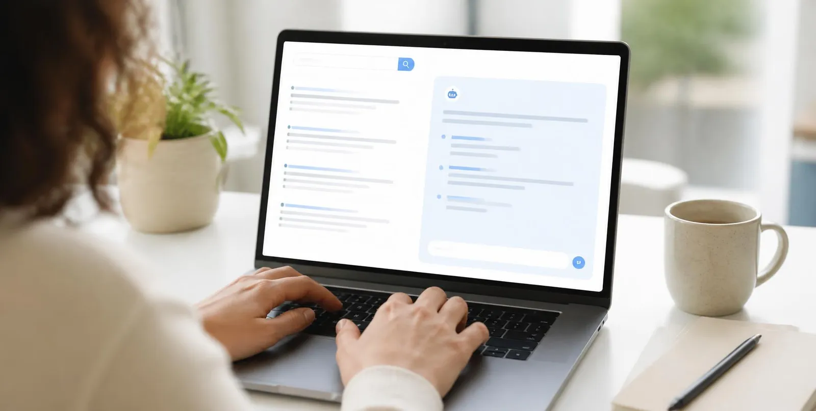 Person using a search engine and AI answer panel on a laptop