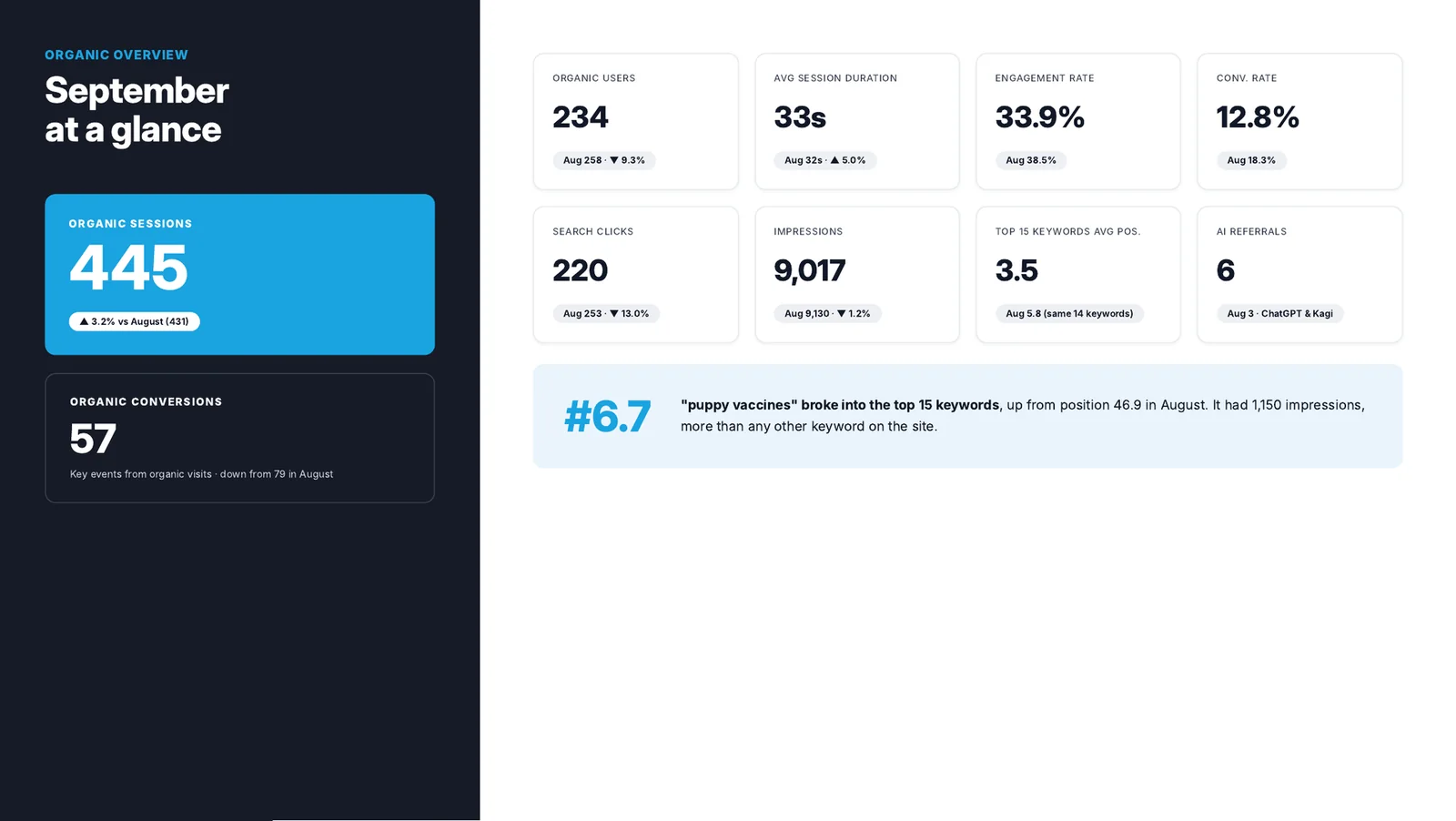 SEO report page showing organic sessions, conversions, keyword positions and AI referrals for the month
