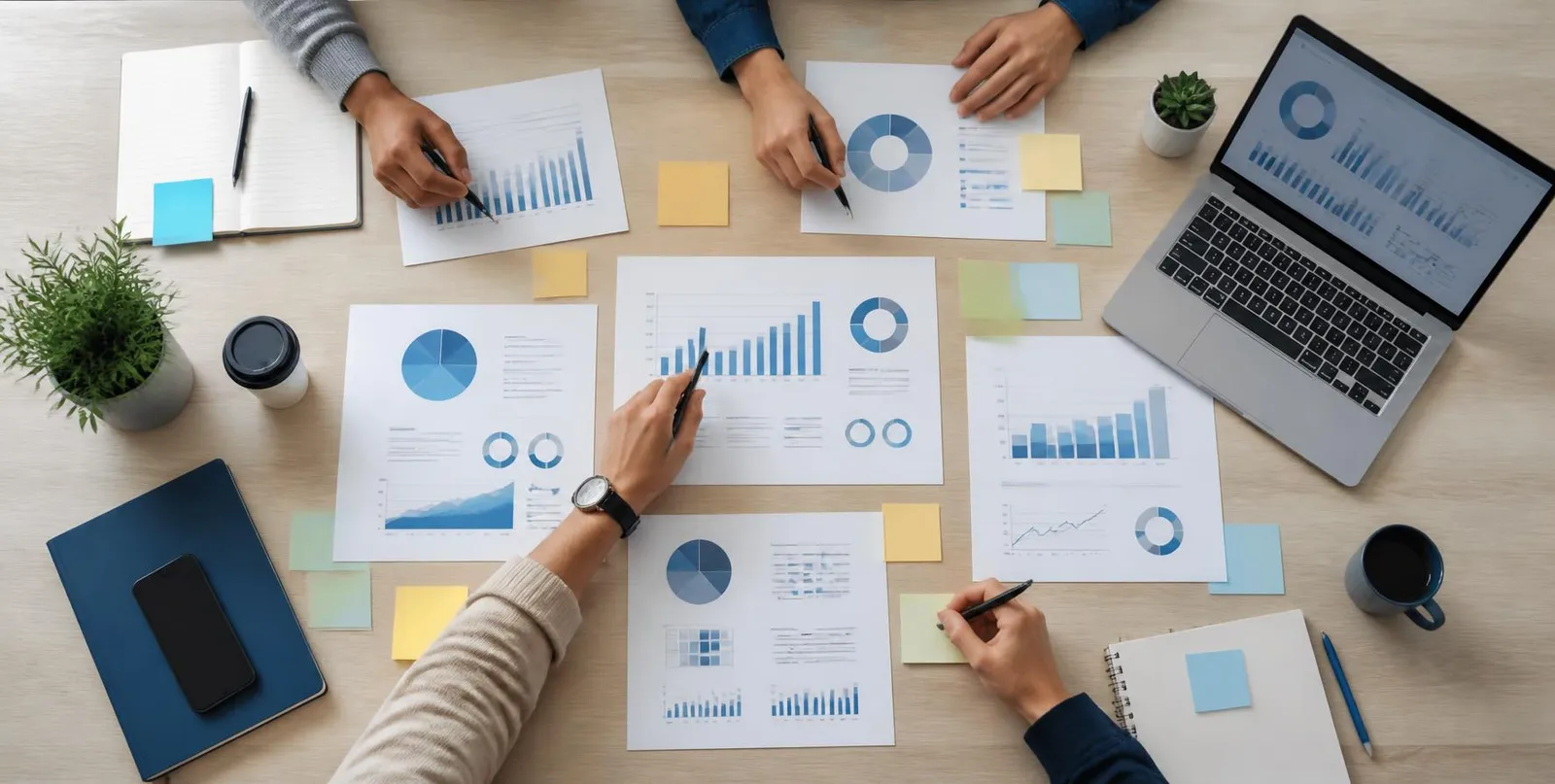 Team planning a marketing campaign around a table of charts