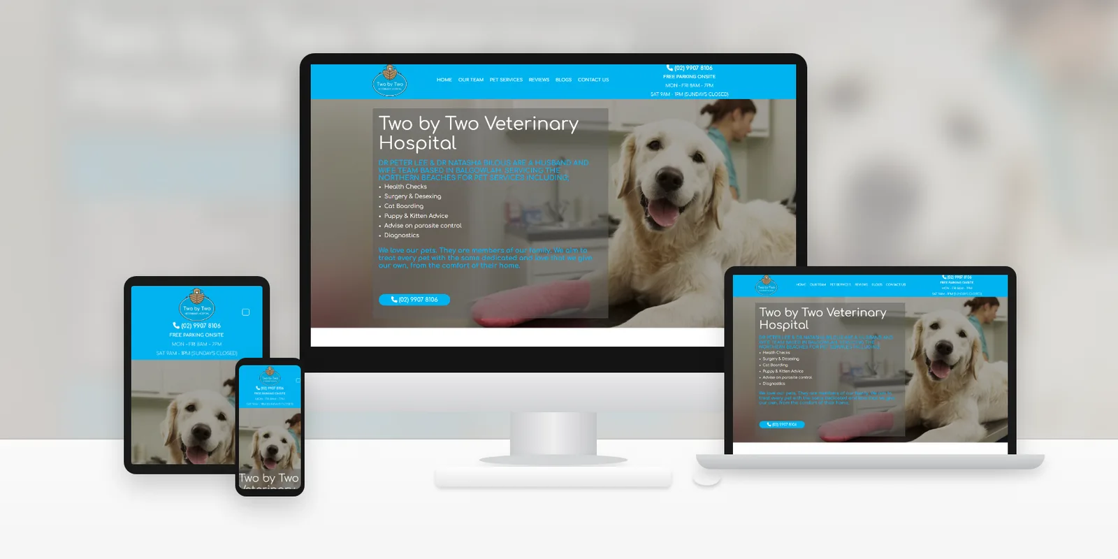 Two by Two Veterinary Hospital website, designed by Progressive, shown on desktop, laptop, tablet and phone